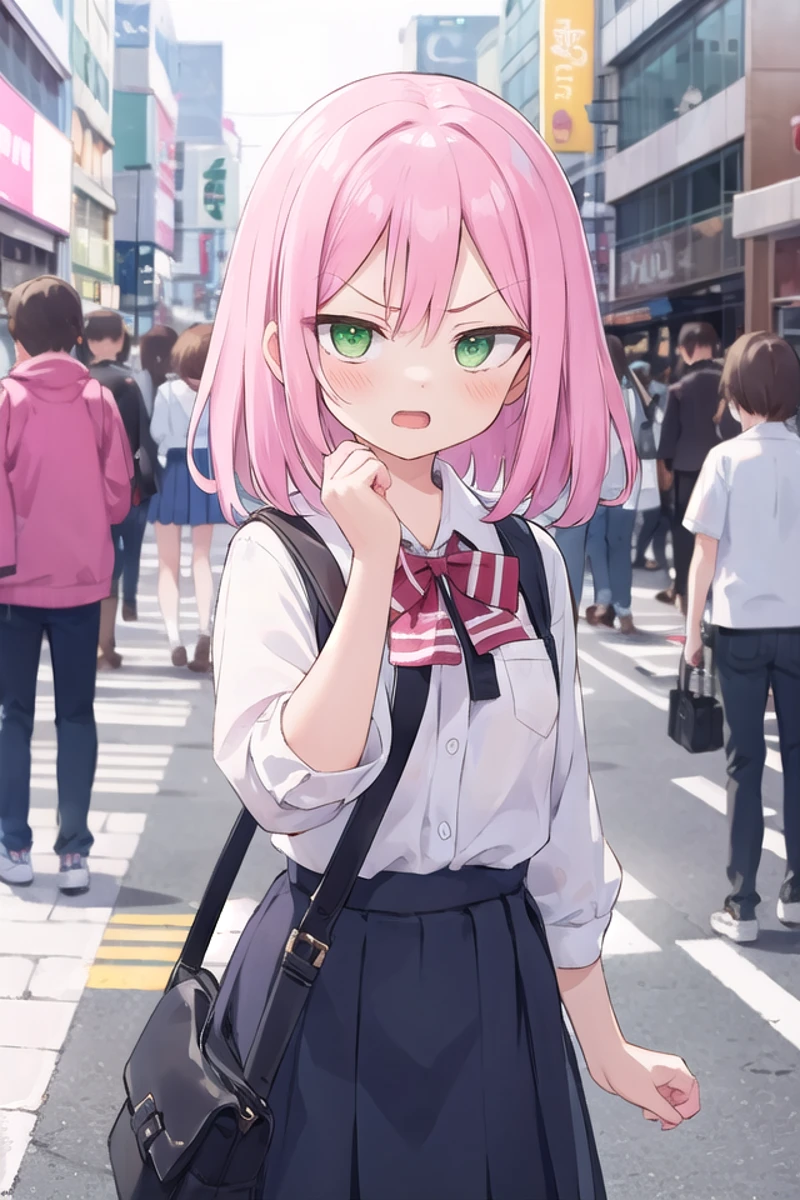 <lora:gekioko_v250:1>
(cleavage:-1.5),
insanely detailed, absurdres, ultra-highres, ultra-detailed, best quality,
1girl, solo, nice hands, perfect hands,
BREAK,
(wearing school uniform),
angry, open mouth, cowboy shot,
BREAK,
slender, kawaii, perfect symmetrical face, ultra cute girl, ultra cute face, ultra detailed eyes, ultra detailed hair, ultra cute, ultra beautiful,
by Canon EOS, SIGMA Art Lens 35mm F1.4, ISO 200 Shutter Speed 2000,
in harajuku, shibuya, tokyo, street, crowd, cityscape,
large breasts,
BREAK,
(pink medium hair, dark green eyes),