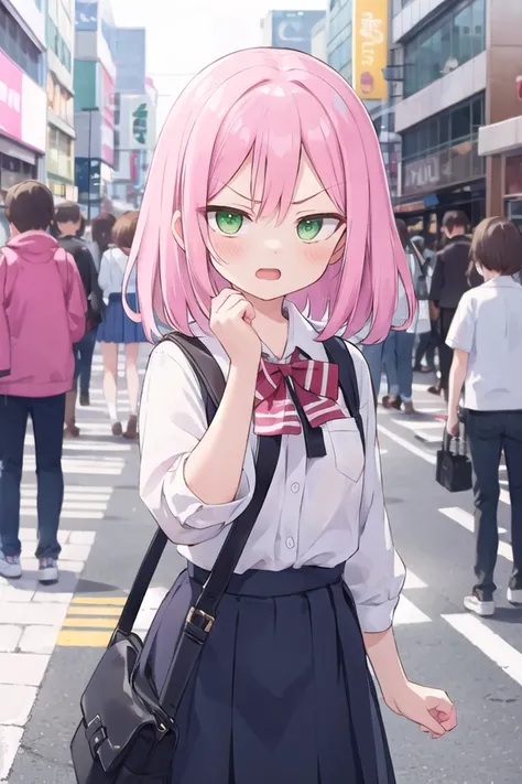 <lora:gekioko_v250:1>
(cleavage:-1.5),
insanely detailed, absurdres, ultra-highres, ultra-detailed, best quality,
1girl, solo, nice hands, perfect hands,
BREAK,
(wearing school uniform),
angry, open mouth, cowboy shot,
BREAK,
slender, kawaii, perfect symmetrical face, ultra cute girl, ultra cute face, ultra detailed eyes, ultra detailed hair, ultra cute, ultra beautiful,
by Canon EOS, SIGMA Art Lens 35mm F1.4, ISO 200 Shutter Speed 2000,
in harajuku, shibuya, tokyo, street, crowd, cityscape,
large breasts,
BREAK,
(pink medium hair, dark green eyes),