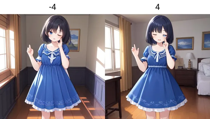best quality, masterpiece, ultrares, 1girl, one eye closed, wink, standing in a room, blue dress<lora:wink_test:-4>