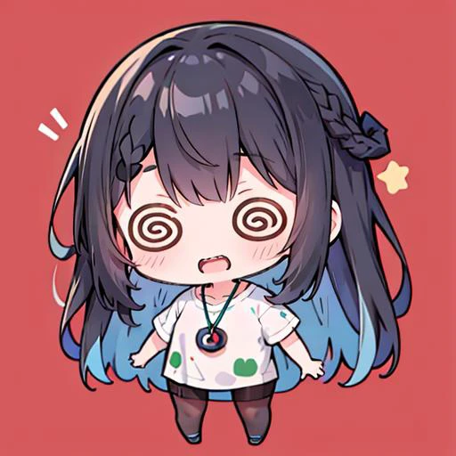 chibi emoji, @@, open mouth,<lora:gijinkaseries_civitai:0.8>, civitai-chan, teeth, braided bangs, shirt, single vertical stripe, pantyhose,multicolored hair, black hair, blue hair, necklace <lora:exag-000009:1> <lora:hotarueye_comic6_v100:1>