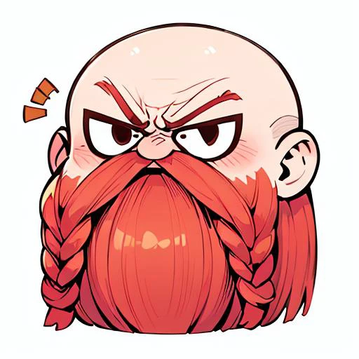 <lora:Harry_Dwarf_SD1.5:1>,solo,  Harry_Dwarf, angry, Dwarf-life, (chibi:1),  upper body, flowing long red beard, braided moustache, bald, silver bangles, white background,   open mouth, sharp teeth, white eyes, <lora:hotarueye_whiteeye4_v100:1.2>,  <lora:exag:0.8> chibi emoji