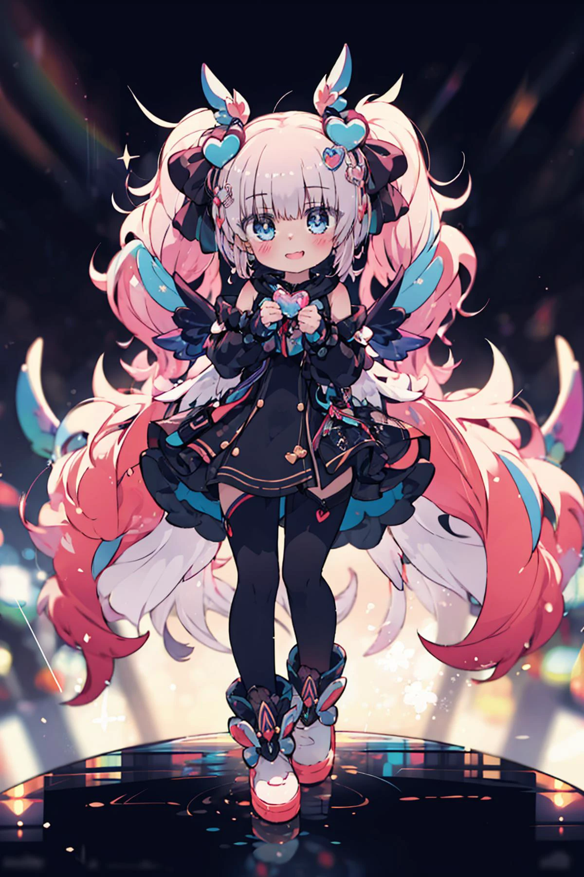<lora:mgedemon-000005:1.1>, (masterpiece:1.2), best quality,PIXIV,Colorful portraits, multicolored,1girl, solo, long hair, heart, very long hair, wings, pink hair, looking at viewer, dress, blue eyes, bangs, white wings, bow, twintails, full body, standing, boots, multicolored hair, white footwear, high heels, bottle, smile, hair bow, hair ornament <lora:Colorful portraits_20230715165729-000018:0.6>, <lora:AlK-000009:1>