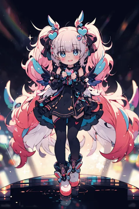 <lora:mgedemon-000005:1.1>, (masterpiece:1.2), best quality,PIXIV,Colorful portraits, multicolored,1girl, solo, long hair, heart, very long hair, wings, pink hair, looking at viewer, dress, blue eyes, bangs, white wings, bow, twintails, full body, standing, boots, multicolored hair, white footwear, high heels, bottle, smile, hair bow, hair ornament <lora:Colorful portraits_20230715165729-000018:0.6>, <lora:AlK-000009:1>