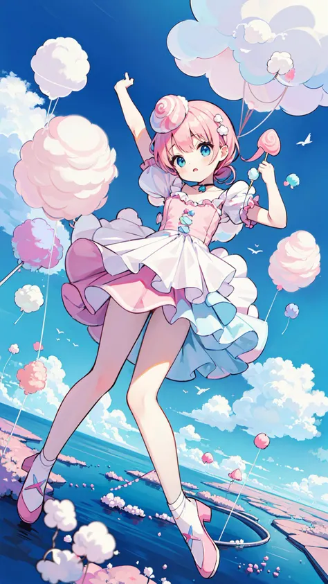 ((best quality, masterpiece, absurbres)), ((Cotton Candy Dreams, whimsical:1.6)), (Full body), (Dynamic pose), Colorful balloons, sugary clouds, carefree adventure.