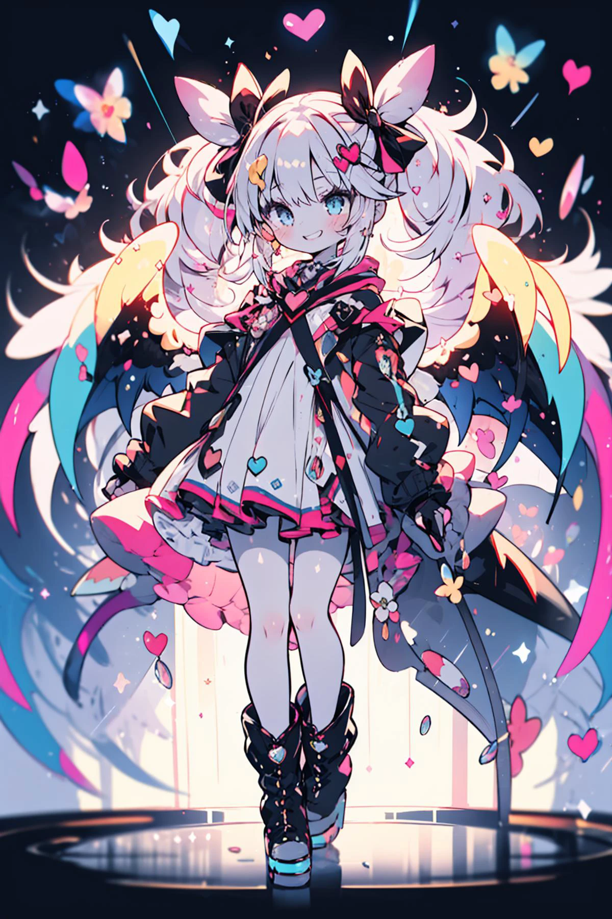 <lora:mgedemon-000005:1>, (masterpiece:1.2), best quality,PIXIV,Colorful portraits, multicolored,1girl, solo, long hair, heart, very long hair, wings, pink hair, looking at viewer, dress, blue eyes, bangs, white wings, bow, twintails, full body, standing, boots, multicolored hair, white footwear, high heels, bottle, smile, hair bow, hair ornament <lora:Colorful portraits_20230715165729-000018:1>