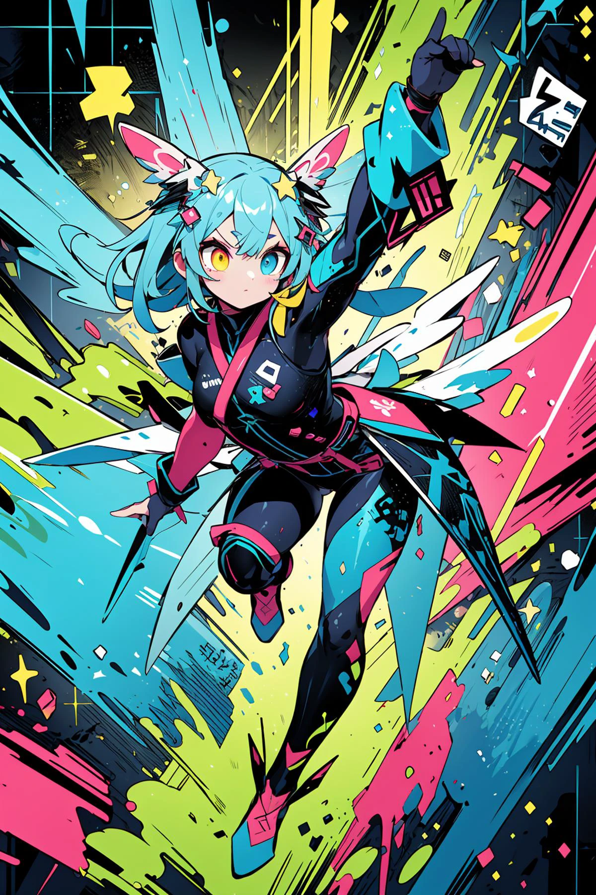 (masterpiece:1.3),(best quality:1.2),8k,absurdres,unity 8k wallpapper,(extremely detailed:1.3),highestres,solo, Eyelashes, close-up, Cyan, Green, Purple, pink, yellow, Blue, Wings, Dynamic Pose, floating, Fluorescent, UV, Surreal, (Graffiti:1.2), Stars,heterochromia, <lyco:UV_fluorescence-LyCORIS:0.6>, UV_fluorescence,(1girl:1.2), colorful,full body, floats over forest and stretches his body, <lora:mixed_patterns_of_text_and_emoji:0.5>, Qing Kung, <lora:绪å¿-è½»å_Qing_Kung:0.5>