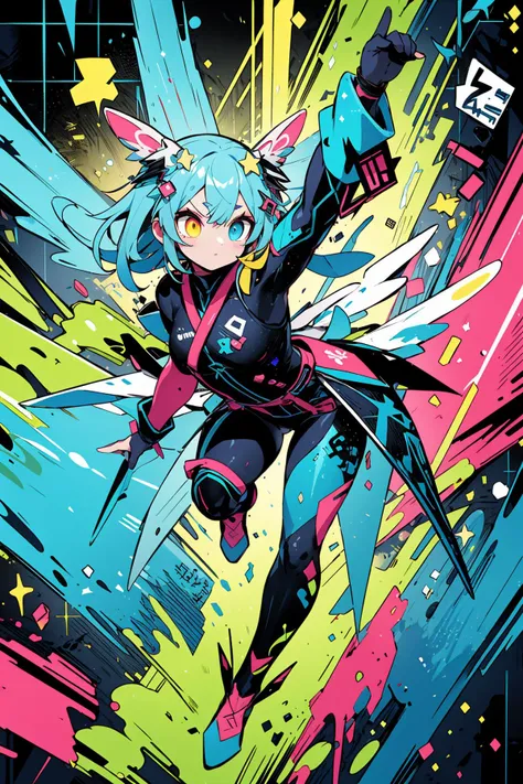 (masterpiece:1.3),(best quality:1.2),8k,absurdres,unity 8k wallpapper,(extremely detailed:1.3),highestres,solo, Eyelashes, close-up, Cyan, Green, Purple, pink, yellow, Blue, Wings, Dynamic Pose, floating, Fluorescent, UV, Surreal, (Graffiti:1.2), Stars,heterochromia, <lyco:UV_fluorescence-LyCORIS:0.6>, UV_fluorescence,(1girl:1.2), colorful,full body, floats over forest and stretches his body, <lora:mixed_patterns_of_text_and_emoji:0.5>, Qing Kung, <lora:绪å¿-è½»å_Qing_Kung:0.5>