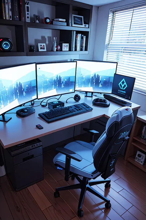 gameroomconcept, computer desktop monitor keyboard, rgb lighting, gaming chair, blue yellow light, pod, science fiction, elegant, bed room, gamepad, speaker, sound system, god of wars, <lora:ARWgameroomconcept:1>