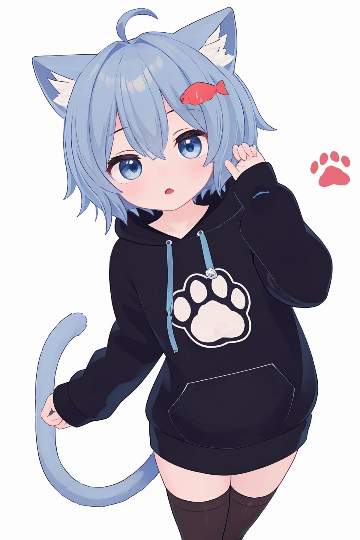 masterpiece, best quality, 1girl, <lora:VRC Rusk:0.7>, cat ears, blue hair, short hair, ahoge, bangs, fish hair ornament, blue eyes, cat tail, black hoodie, hood down, drawstring, paw print, thighhighs,