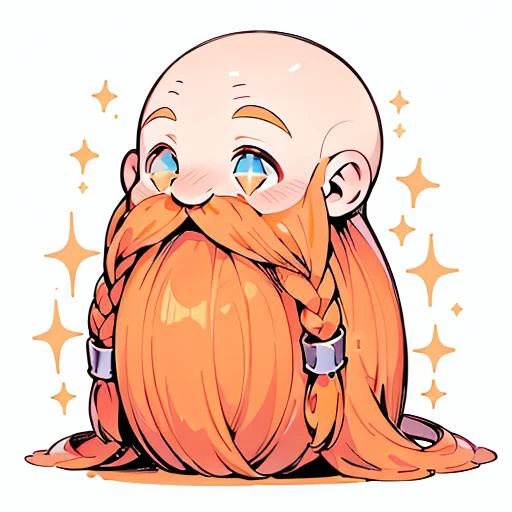 chibi emoji, (sparkling eyes, excited), <lora:exag:1> <lora:Harry_Dwarf_SD1.5:0.9>, Harry_Dwarf, Dwarf-life, flowing long orange beard, braided moustache, bald, silver bangles, white background