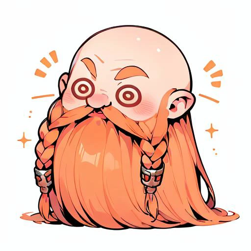 chibi emoji, @@, open mouth, <lora:exag:1> <lora:Harry_Dwarf_SD1.5:1>, <lora:hotarueye_comic6_v100:1>Harry_Dwarf, Dwarf-life, (chibi:1), open mouth, upper body, flowing long orange beard, braided moustache, bald, silver bangles, white background