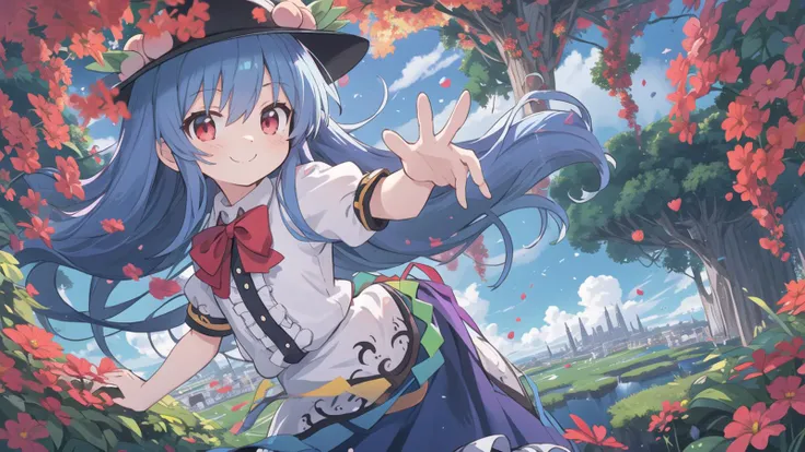 8k detail wallpaper,wallpaper,official art,
1girl, (full body:0.8),(close up face:1.1),Fantastic,dramatic angle,Fantastic angle,(dynamic angle:1.2),drastic angle,dynamic pose,drastic pose,
black headwear, blue hair, blue skirt, long skirt,blue sky, bow, bowtie, cloud, cloudy sky, cowboy shot, day, floating island,  frills,  grass, hat,( hinanawi tenshi), leaf, long hair, looking at viewer,  peach, puffy short sleeves, puffy sleeves, red bow, red bowtie, red eyes, short sleeves, skirt, sky, (solo:1.2), standing, very long hair,shirt,
(skirt billowing dramatically:1.1),very long skirt, very large skirt,kawaii face,childish face, ultra kawaii face,
<lora:tenshihinanawi:1>
hairs between eyes,young girl,Facing the lens,colorful,scenery,happy,[lover's:friendly:0.4] smile,extremely detailed eyes,happy face,innocent  face,very cute face,anime eyes,flushed cheeks,ultra quality,,
floating island,firmament,mythology,floating garden in the sky,city floating in the clouds,
ancient ruins floating in the sky, lush floating garden, colorful flowers and exotic plants, small waterfalls, sky at sunset, orange, pink, purple hues, serene utopian atmosphere, harmony between nature and  ancient city,
(close mouth),
Utopia,Shangri-La,Arcadia,Eden,
best quality,ultra-detailed,masterpiece,
<lora:nekotoufu_style_v1-000020:0.14>
<lora:Prima doll retzel :0.04> <lora:style_tenshi2-000006:0.06> <lora:AmairoChocola:0.03>,