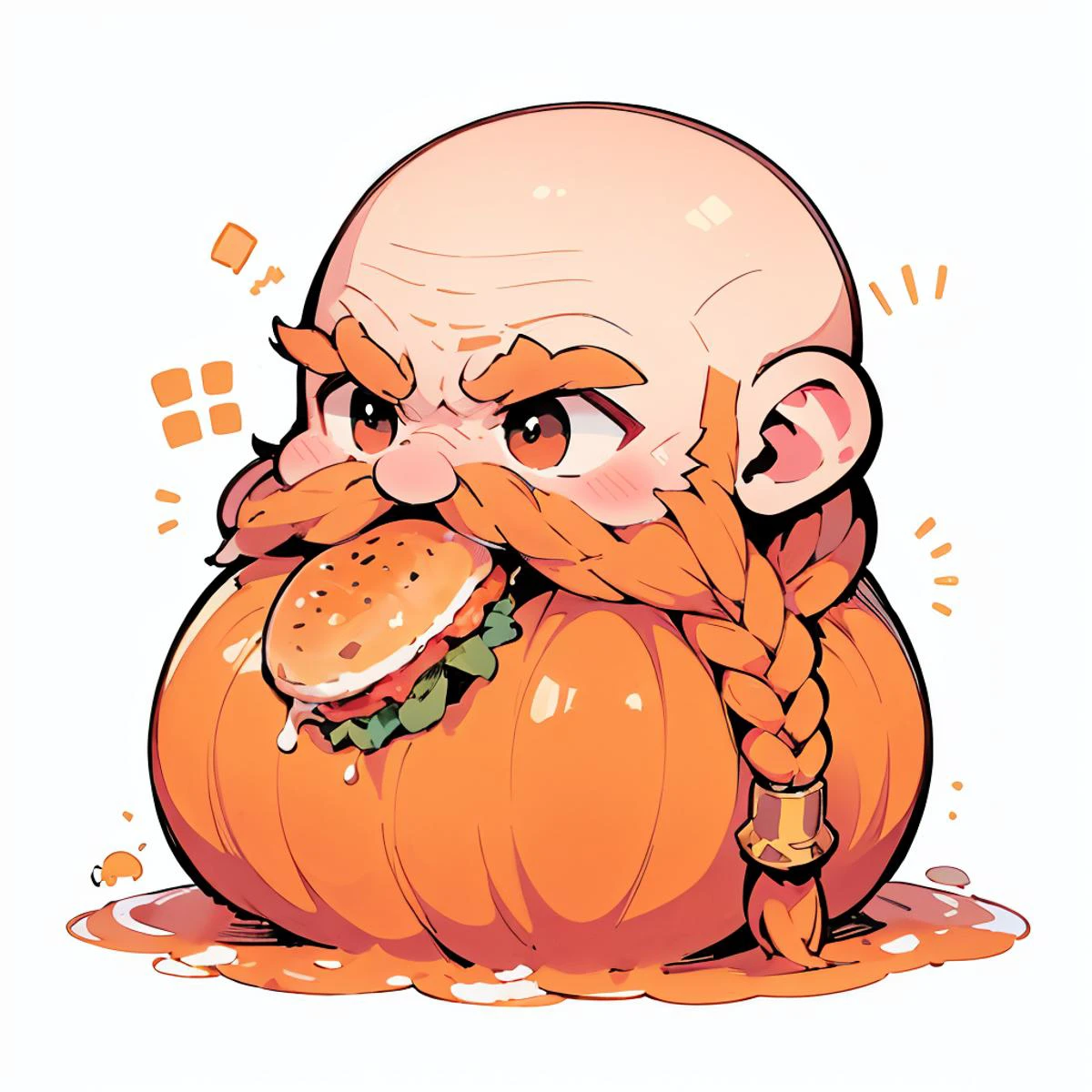 chibi emoji, (eating hamburger), <lora:exag:1> <lora:Harry_Dwarf_SD1.5:0.9>, Harry_Dwarf, Dwarf-life, flowing long orange beard, braided moustache, bald, silver bangles, white background