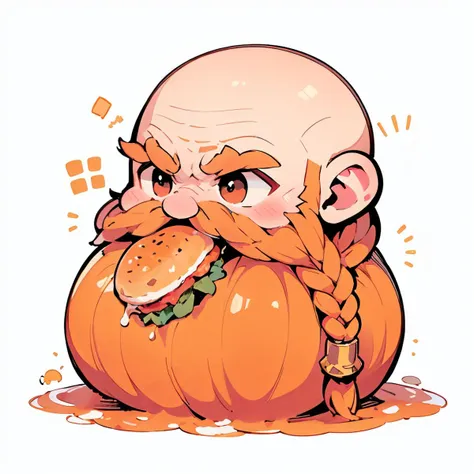 chibi emoji, (eating hamburger), <lora:exag:1> <lora:Harry_Dwarf_SD1.5:0.9>, Harry_Dwarf, Dwarf-life,  flowing long orange beard, braided moustache, bald, silver bangles, white background