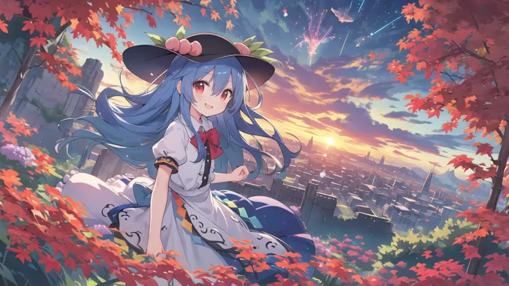 8k detail wallpaper,wallpaper,official art,
1girl, (full body:0.8),(close up face:1.1),Fantastic,dramatic angle,Fantastic angle,(dynamic angle:1.2),drastic angle,dynamic pose,drastic pose,
black headwear, blue hair, blue skirt, long skirt,blue sky, bow, bowtie, cloud, cloudy sky, cowboy shot, day, floating island,  frills,  grass, hat,( hinanawi tenshi), leaf, long hair, looking at viewer,  peach, puffy short sleeves, puffy sleeves, red bow, red bowtie, red eyes, short sleeves, skirt, sky, (solo:1.2), standing, very long hair,shirt,
(skirt billowing dramatically:1.1),very long skirt, very large skirt,kawaii face,childish face, ultra kawaii face,
<lora:tenshihinanawi:1>
hairs between eyes,young girl,Facing the lens,colorful,scenery,happy,[lover's:friendly:0.4] smile,extremely detailed eyes,happy face,innocent  face,very cute face,anime eyes,flushed cheeks,ultra quality,13 years old,
floating island,firmament,mythology,floating garden in the sky,city floating in the clouds,
ancient ruins floating in the sky, lush floating garden, colorful flowers and exotic plants, small waterfalls, sky at sunset, orange, pink, purple hues, serene utopian atmosphere, harmony between nature and  ancient city,
(close mouth),
Utopia,Shangri-La,Arcadia,Eden,
best quality,ultra-detailed,masterpiece,
<lora:nekotoufu_style_v1-000020:0.14>
<lora:Prima doll retzel :0.04> <lora:style_tenshi2-000006:0.06> <lora:AmairoChocola:0.03>,