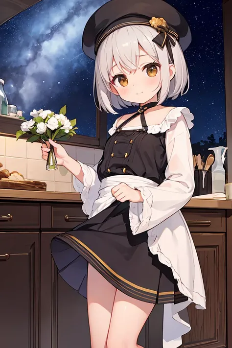 (masterpiece, best quality), female aging gracefully, fit, sub-saharan african, dark brown eyes, button nose, wide chin, slender waist, , silver straight haircut hair, delight wearing wrap skirt, wrap-front blouse, stilettos, sinamay hat,, seductive stare, locking eyes with the camera, radiating confidence and seduction, starry sky, a dark background with twinkling stars, setting a magical and romantic tone, a warm kitchen, with the scent of home-cooked meals and laughter of loved ones