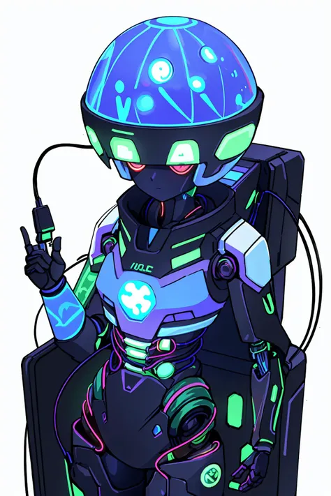 1girl, masterpiece, illustration, official_art, science fiction, futuristic, matrix, cyberpunk, magic, magical, neon_lights, glowing, aura, tangle, entangled, twisted, wispy, swirl, spiral, wrapped, ((wires, cables, circuits, cord, plug, holographic_interface, tube, string)), hologram, orb, sensors, fusion core, fusion core, plasma, power cell, armor, tight, hacker, (robotic_limbs:1.1), android, humanoid, cyborg, (((white_background, white_walls, white_room, <lyco:UV_fluorescence-LyCORIS:0.6>, UV_fluorescence,