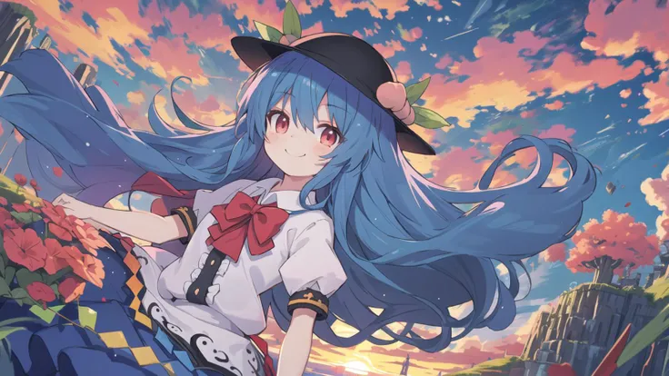 8k detail wallpaper,wallpaper,official art,
1girl, (full body:0.8),(close up face:1.1),Fantastic,dramatic angle,Fantastic angle,(dynamic angle:1.2),drastic angle,dynamic pose,drastic pose,
black headwear, blue hair, blue skirt, long skirt,blue sky, bow, bowtie, cloud, cloudy sky, cowboy shot, day, floating island,  frills,  grass, hat,( hinanawi tenshi), leaf, long hair, looking at viewer,  peach, puffy short sleeves, puffy sleeves, red bow, red bowtie, red eyes, short sleeves, skirt, sky, (solo:1.2), standing, very long hair,shirt,
(skirt billowing dramatically:1.1),very long skirt, very large skirt,kawaii face,childish face, ultra kawaii face,
<lora:tenshihinanawi:1>
hairs between eyes,young girl,Facing the lens,colorful,scenery,happy,[lover's:friendly:0.4] smile,extremely detailed eyes,happy face,innocent  face,very cute face,anime eyes,flushed cheeks,ultra quality,13 years old,
floating island,firmament,mythology,floating garden in the sky,city floating in the clouds,
ancient ruins floating in the sky, lush floating garden, colorful flowers and exotic plants, small waterfalls, sky at sunset, orange, pink, purple hues, serene utopian atmosphere, harmony between nature and  ancient city,
(close mouth),
Utopia,Shangri-La,Arcadia,Eden,
best quality,ultra-detailed,masterpiece,
<lora:nekotoufu_style_v1-000020:0.14>
<lora:Prima doll retzel :0.04> <lora:style_tenshi2-000006:0.06> <lora:AmairoChocola:0.03>,