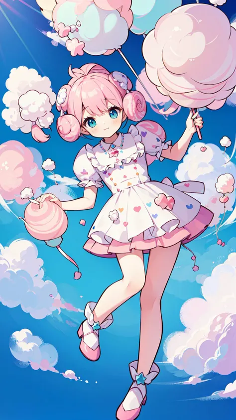 ((best quality, masterpiece, absurbres)), ((Cotton Candy Dreams, whimsical:1.6)), (Full body), (Dynamic pose), Colorful balloons, sugary clouds, carefree adventure.