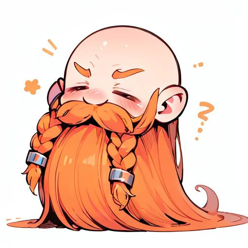 chibi emoji, blush,uwu, closed eyes <lora:exag:1> <lora:Harry_Dwarf_SD1.5:1>, Harry_Dwarf, Dwarf-life,  flowing long orange beard, braided moustache, bald, silver bangles, white background