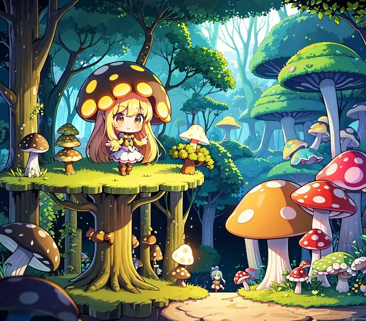 <lora:PlatformGameV0_2:0.8> platform_game, platformer, sidescroller, orthographic perspective, ((cute beegirl in a magical forest)), at night, cute mushroom girls, mushrooms, beautiful glow, masterpiece, best quality