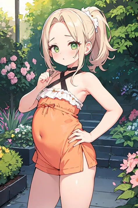 (masterpiece, best quality), female fifty-something, elegant, southeast asian, dark green eyes, plump cheeks, curved forehead, , peach low ponytail hair, envy wearing playsuit, babydoll set, sun visor,, hand on hips, hand confidently placed on the hip, displaying empowerment and allure, neon lighting, vibrant, colorful lights adding a modern and edgy touch to romantic scenes, a peaceful garden, with blooming flowers and butterflies fluttering around