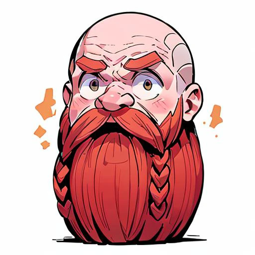 chibi emoji, <lora:exag:1> <lora:Harry_Dwarf_SD1.5:0.9>, Harry_Dwarf, Dwarf-life,  flowing long red beard, braided moustache, bald, silver bangles, white background, open mouth, <lora:mahonest-01:1> myhonest reaction