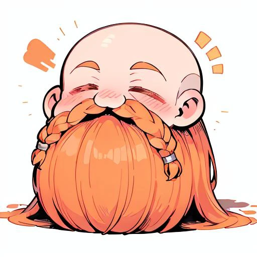 chibi emoji, blush, closed eyes <lora:exag:1> <lora:Harry_Dwarf_SD1.5:1>, Harry_Dwarf, Dwarf-life, (chibi:1), open mouth, upper body, flowing long orange beard, braided moustache, bald, silver bangles, white background