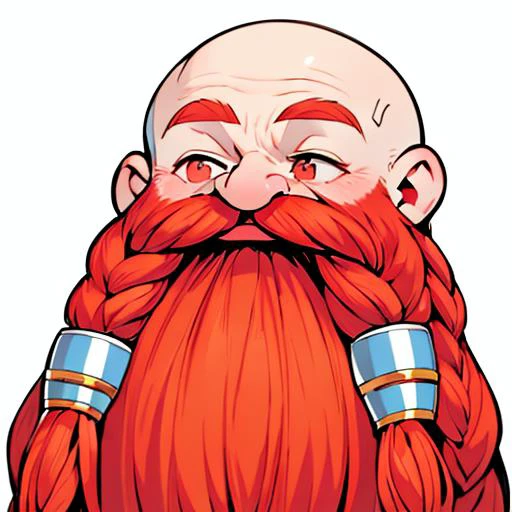 <lora:Harry_Dwarf_SD1.5:1>,solo,  Harry_Dwarf, laughing, Dwarf-life, (chibi:1),  upper body, flowing long red beard, braided moustache, bald, silver bangles, white background,   open mouth,happy, upper teeth, flying tears,