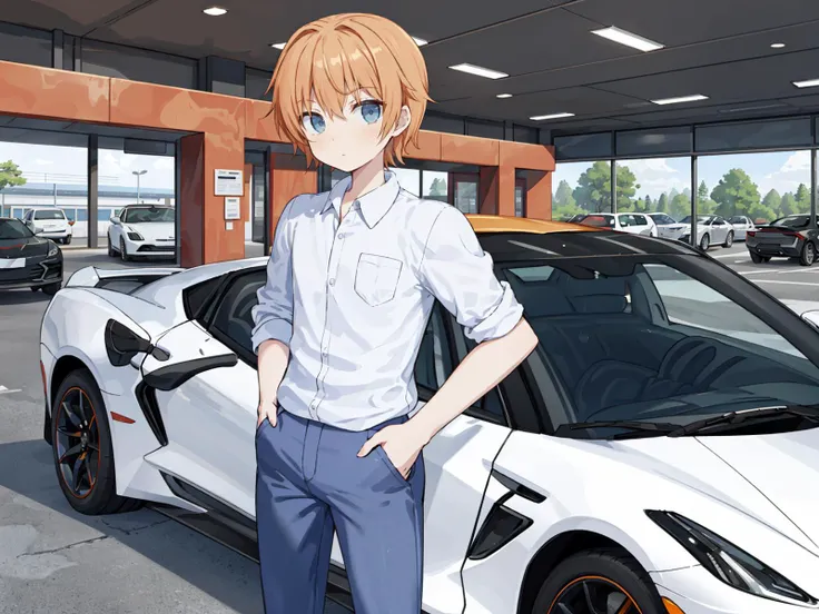 1boy, solo, male focus, <lora:Senpai_2021_LOCON:0.6>, senpaica2021, blue eyes, orange hair, short hair, shirt, collared shirt, looking at viewer, hands in pockets, blue pants, breast pocket, car, chevrolet corvette, standing next to the car, parking lot