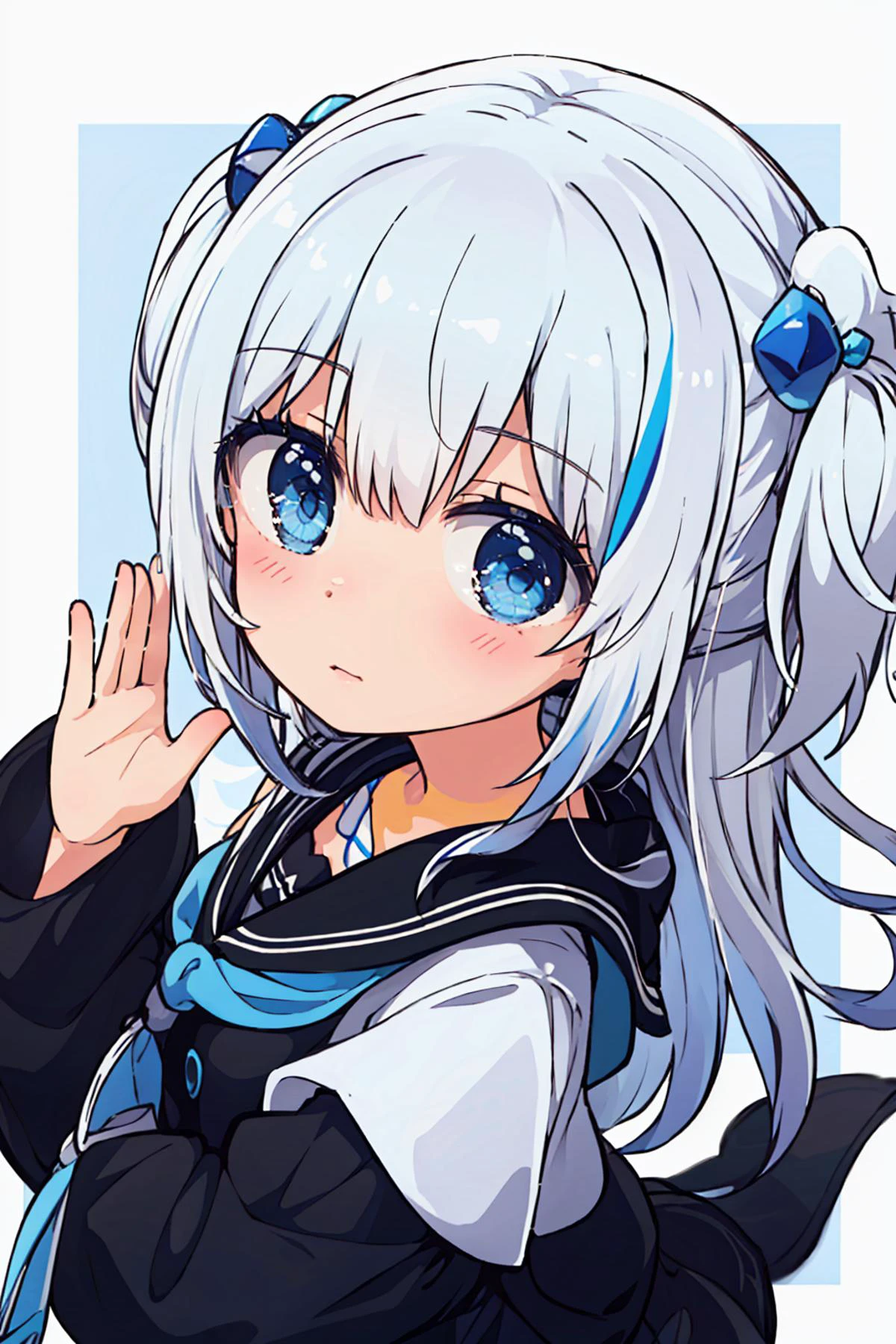 (masterpiece, best quality), intricate details, 1girl, <lora:gawr_gura:0.8> gawr gura, gray hair, hair ornaments,two side up, streaked hair,blue eyes <lora:fingers4civitai:0.0> reaching towards viewer, waving at viewer, <lora:AlK-000009:1>