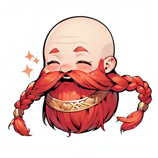 <lora:Harry_Dwarf_SD1.5:1>,solo, Harry_Dwarf, a, Dwarf-life, (chibi:1), upper body, flowing long red beard, braided moustache, bald, silver bangles, white background, open mouth,happy, upper teeth, flying tears,