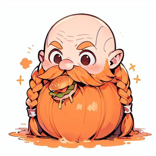 chibi emoji, (eating hamburger), <lora:exag:1> <lora:Harry_Dwarf_SD1.5:0.9>, Harry_Dwarf, Dwarf-life, flowing long orange beard, braided moustache, bald, silver bangles, white background
