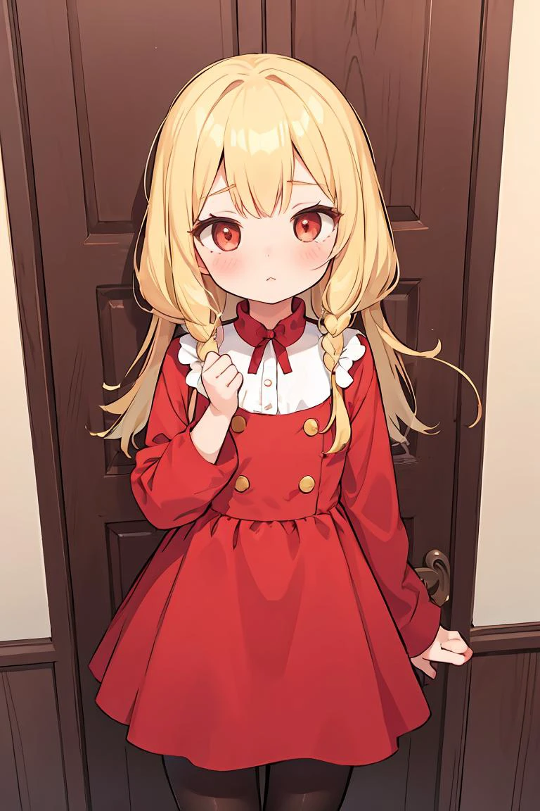 (masterpiece, best quality), 1girl, blonde hair, red dress, pantyhose, cute face, blush,
