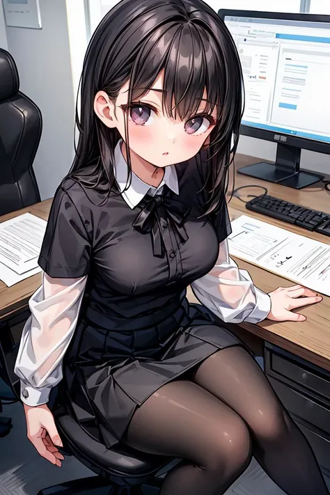 (masterpiece, best quality), a young black haired girl office secretary dressed in a transparent white blouse and black office skirt and black pantyhose ,sitting in an office chair, holding pencil, (detailed skin:1.3),(detailed eyes), (sharp focus), <lora:add_detail:1>