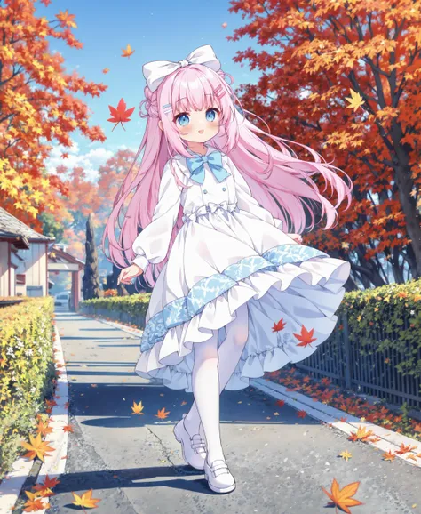 Dress,Pink hair,Blue eyes,Long dress,white socks,White pantyhose,outdoor,medium long hair,white shoes,footwear,(White dress),bun,cute girl,solo,blue sky,girl,short leg,walking,hairclip,((bowknot)),best quality,happy,long sleeves,autumn,maple leaf,landscape,