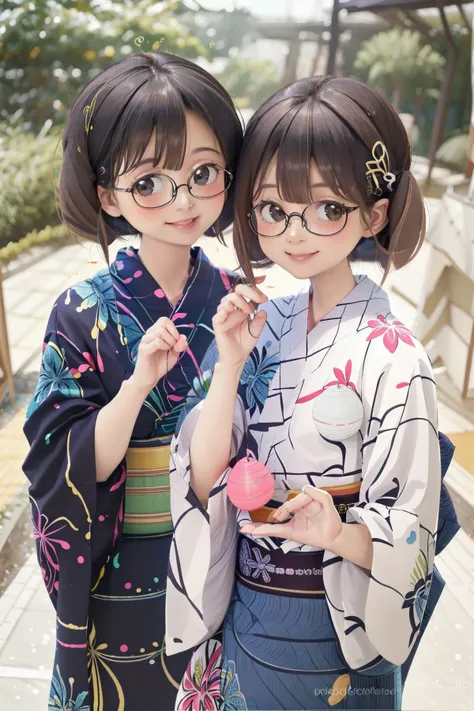 masterpiece, best quality, very aesthetic, absurdres,
mizufusen, 2girls, glasses, multiple girls, smile, yukata, uchiwa, blurry, short hair, brown hair, sash, obi, looking at viewer, black hair, yukata, holding, blurry background
<lora:mizufusen_SD15_V1:1>