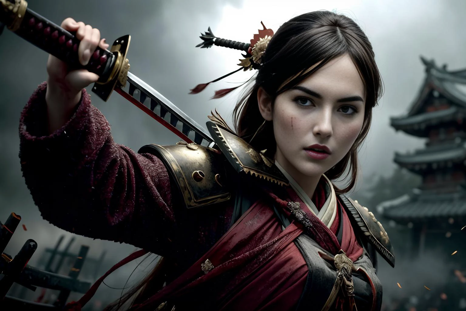 Horror-themed, wide angle,<lora:samurai style SD1.5:1.2>
an epic cinematic photo of camilla belle <lora:Camilla Belle:1>, camillab woman, dark brown hair, hazel eyes in a legendary armor holding an epic katana with perfect hands female samurai style, feudal Japan, shogunate, Eerie, unsettling, dark, spooky, suspenseful, grim, highly detailed, (battle field) , blood, smoke, fire<lora:detail_slider_v4:2.4>