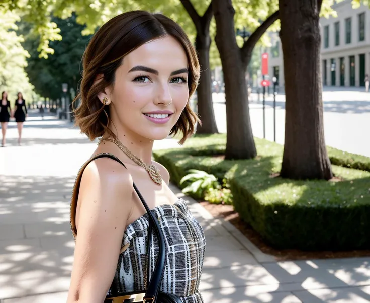 photorealistic, masterpiece, best quality, camillaB <lora:Camilla Belle:1> looking over the shoulder , smiling, solo, walking through a city park, designer bag, checkered modern dress, finely detailed skin, pro photo shoot, high resolution, 8k, realistic, photo, depth of field