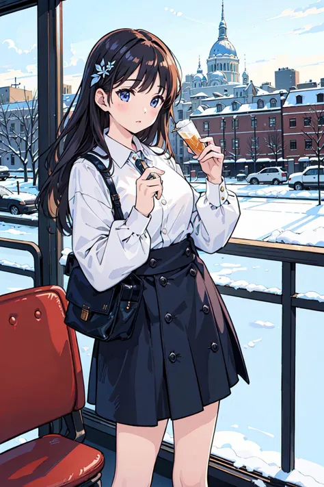 ((masterpiece)),(((best quality))), girl,((ultra-detailed)), (highly detailed CG illustration), ((an extremely delicate and beautiful)),(expressionless),cafeteria,winter,cityscape, random wear
