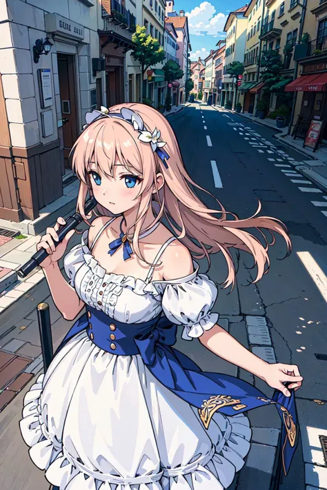 (((best quality))), girl,((ultra-detailed)), (highly detailed CG illustration), ((an extremely delicate and beautiful)),(expressionless),euro street,cityscape,