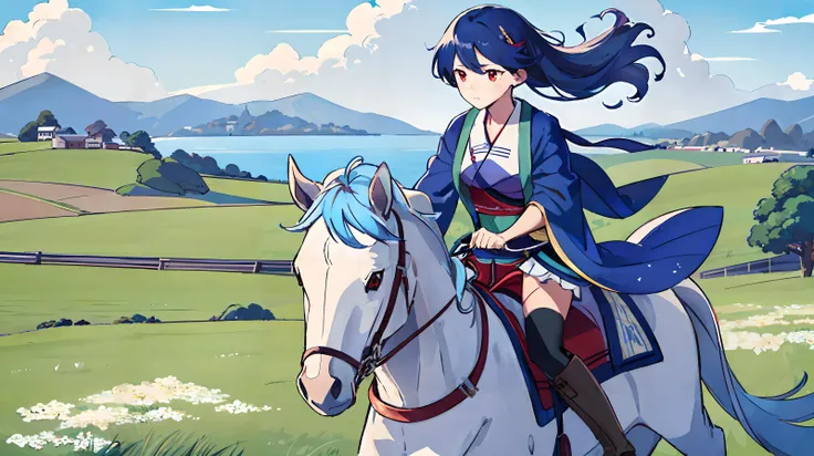 1girl, (girl ride white small horse), Hair fluttered in the wind, (red eyes),The horse is running,(The hand is arranging the hair:1.5), On the hillside, Grassland, (Lake in the distance),Riding boots, blue equestrian suit, light blue hair, anime style, cinematic lighting, UHD, anatomically correct, textured skin, high details, best quality, high quality, 8k,[small white flowers in the meadow],clear face,face detail,(Ukiyo-e)