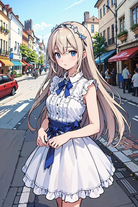 (((best quality))), girl,((ultra-detailed)), (highly detailed CG illustration), ((an extremely delicate and beautiful)),(expressionless),euro street,cityscape,