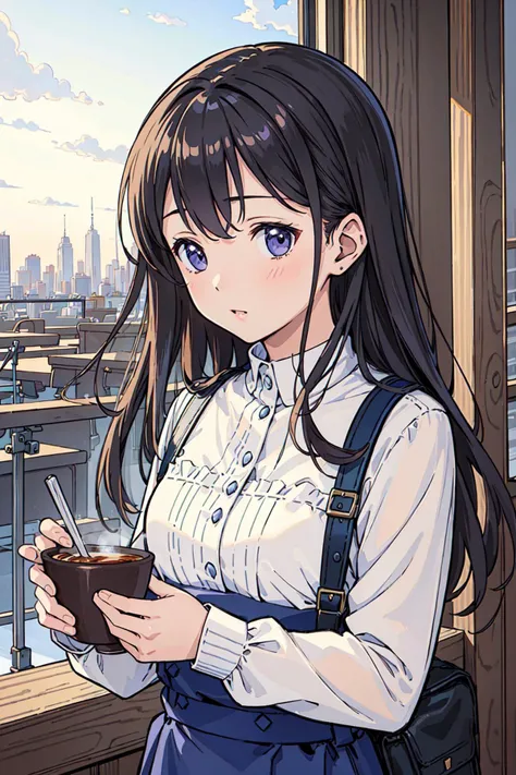 ((masterpiece)),(((best quality))), girl,((ultra-detailed)), (highly detailed CG illustration), ((an extremely delicate and beautiful)),(expressionless),cafeteria,winter,cityscape, random wear
