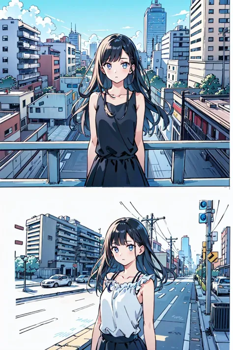 (masterpiece),(best quality), girl,((ultra-detailed)), (highly detailed CG illustration),(expressionless),cityscape, flat color, upper body,