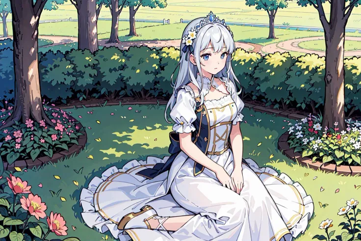(((best quality))), girl,((ultra-detailed)), (highly detailed CG illustration), ((an extremely delicate and beautiful)),(expressionless),garden, dress,princess
