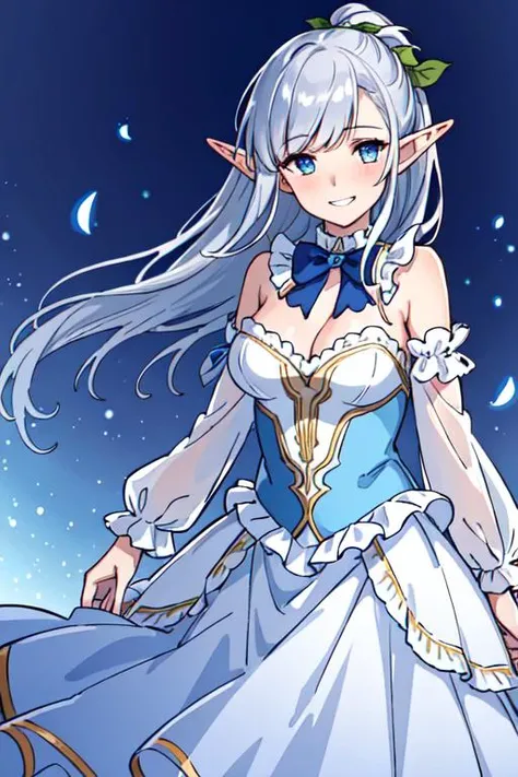(best quality:1.2) (4k:1.) (very high resolution:1.1) (realistic photograph:1.1) , (ultra detailed CG illustration:1.1) ,
1girl elf solo (small breasts:1.) (detailed face:1.) (beautiful eyes:1.) , (silver side_up :1.) , 
blush grin , (bowtie:.9) ,
<lora:gownConv2D2.5e-5_BF16:1.> (gown:1.1) ,
(blue gown:.9) , frills , (cleavage cutout:.9) , (long sleeves:.9) , (full body:.8) , (portrait:.7) , (footwear:.5) , 
(detailed background:1.1) , (mansion in background:1.) , (garden:.8) , outdoors (gradient sky:.9) sunset (cinematic lighting:1.1)