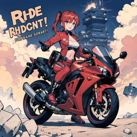 1girl in red suit ride a motorcycle, skytch, design, , sci-fi style, poster,Dynamic,extremely detail