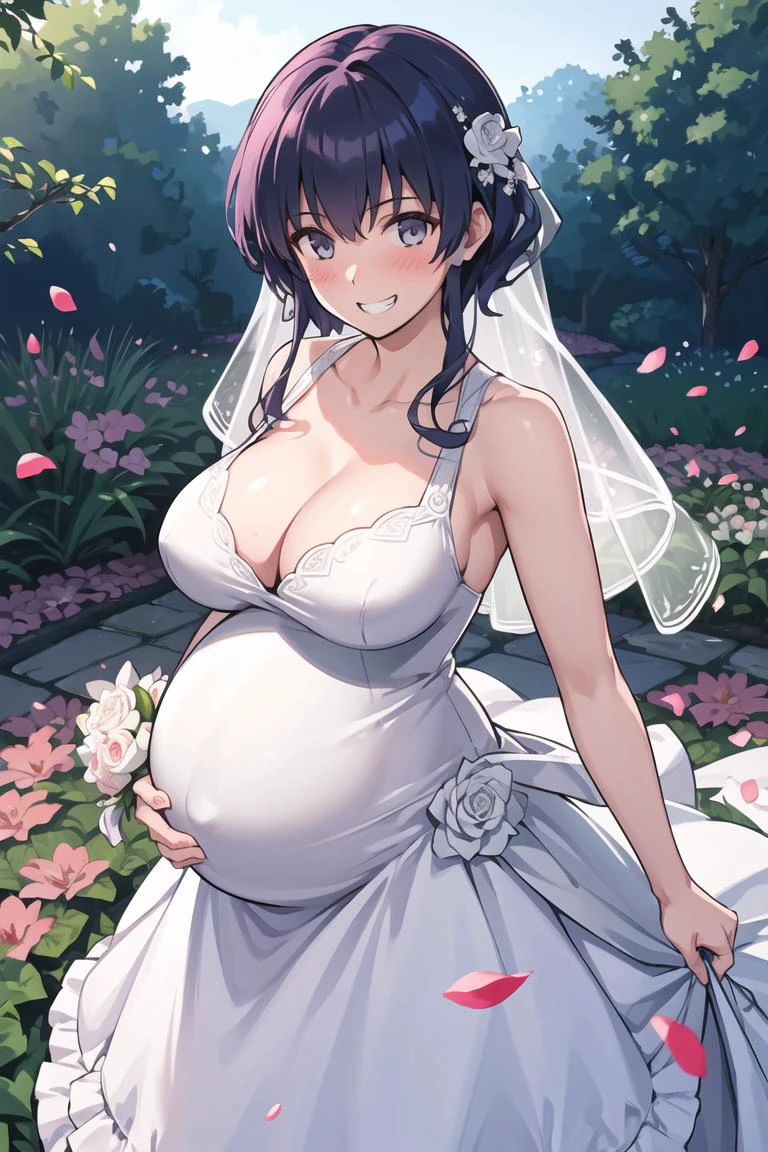 best quality, highres,soft lighting,1girl,hyoudou_michiru,large breasts,look AT VIEWER,blush,vibrant,grin,wedding dress,pregnant,marry,STONE WALK,garden,falling petal,cowboy shot ,<lora:hyoudou_michiru_v1:0.8:yui>