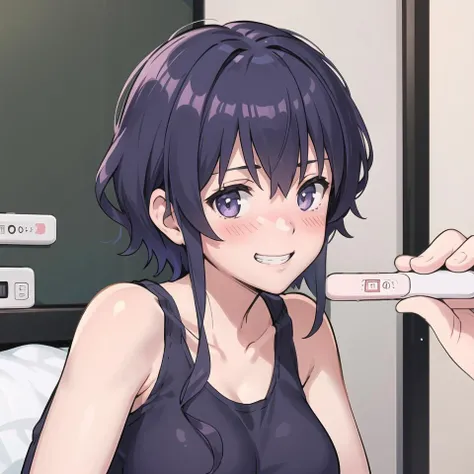 bestquality,1girl,hyoudou_michiru,tanktop,grin,blush,large breasts,upper body,holding pregnancy Test,look at viewer,<lora:hyoudou_michiru_v1:0.8:yui> <lora:pregnancyTestMeme_v11:0.7>,solo